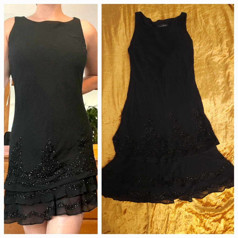 90s Jones New York Black Silk Tiered Beaded Sleeveless Dress